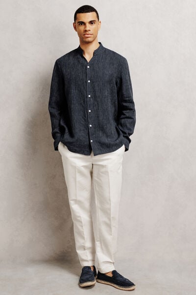 Chemise regular en lin ray&eacute;e col mao