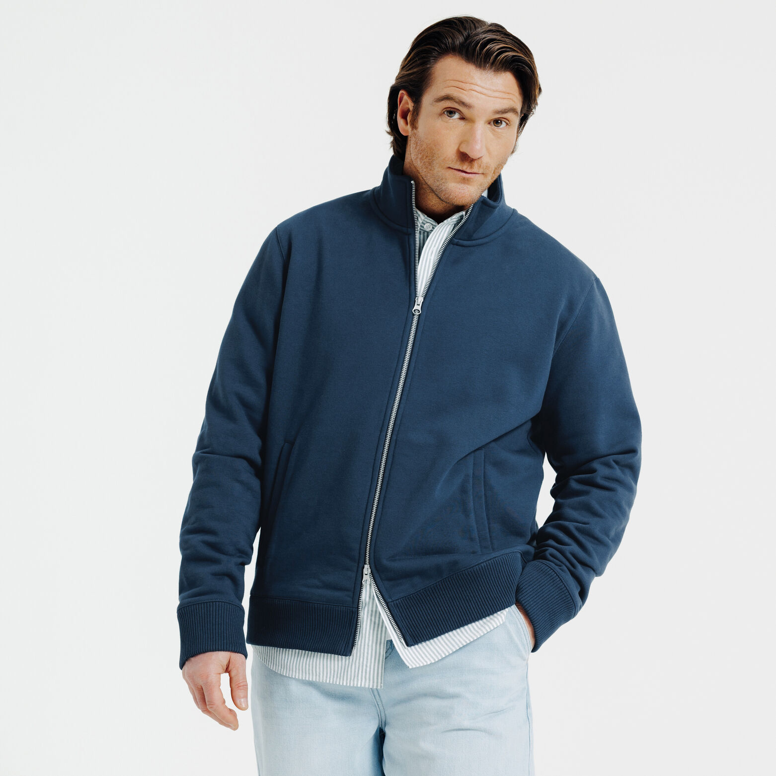 Effen heavy weight sweater opstaande kraag met rit