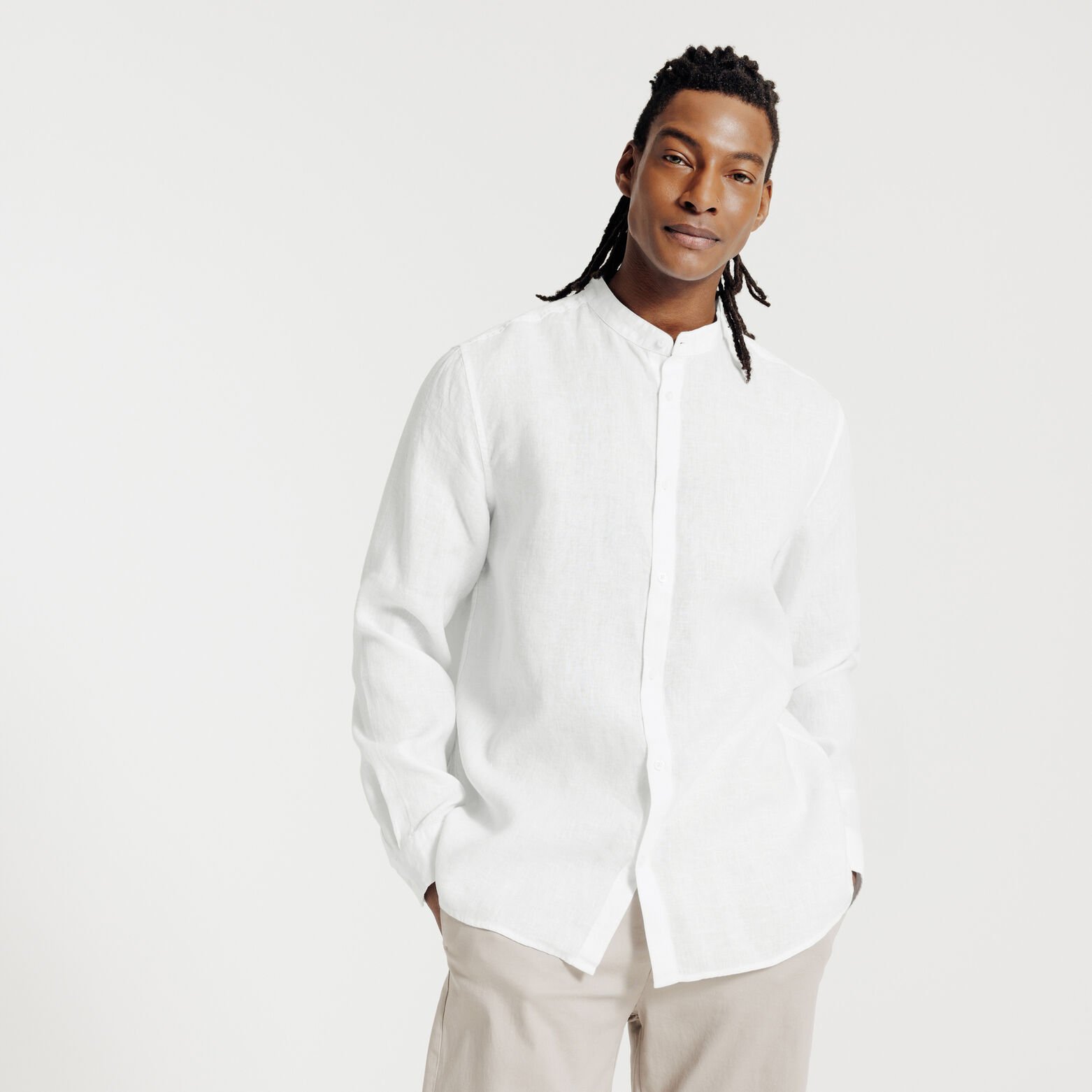Chemise col mao en lin unie