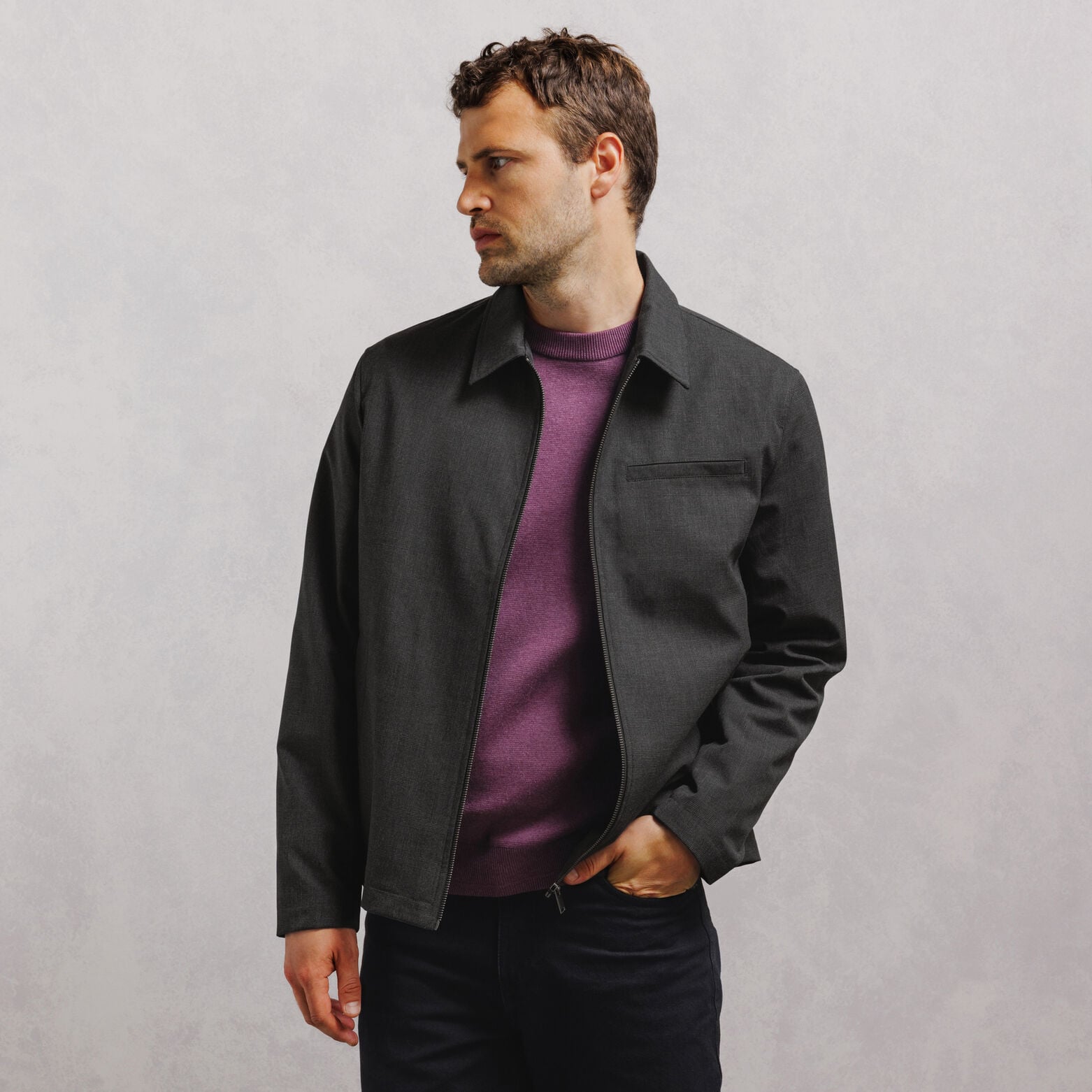 Veste zipp&eacute;e col chemise &agrave; carreaux