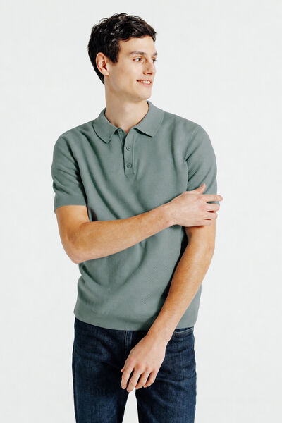 Polo met knoopkraag in tricot met fantasie stekenp