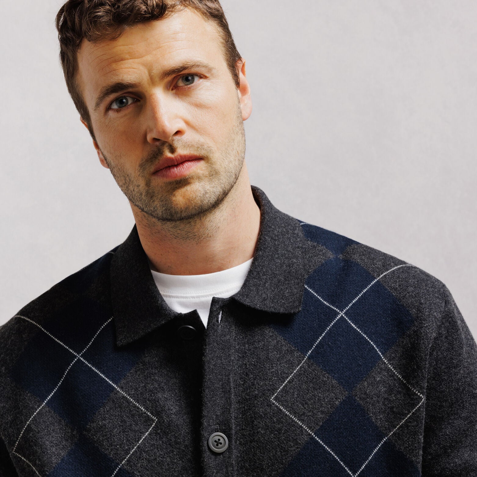 Cardigan col polo jacquard carreaux argyle