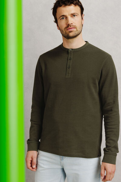 Tee shirt col tunisien gaufr&eacute; uni