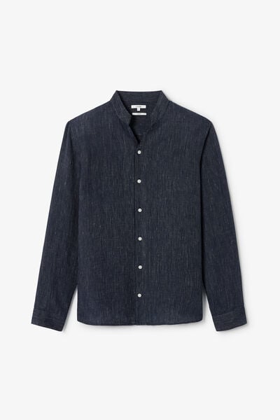 Chemise regular en lin ray&eacute;e col mao