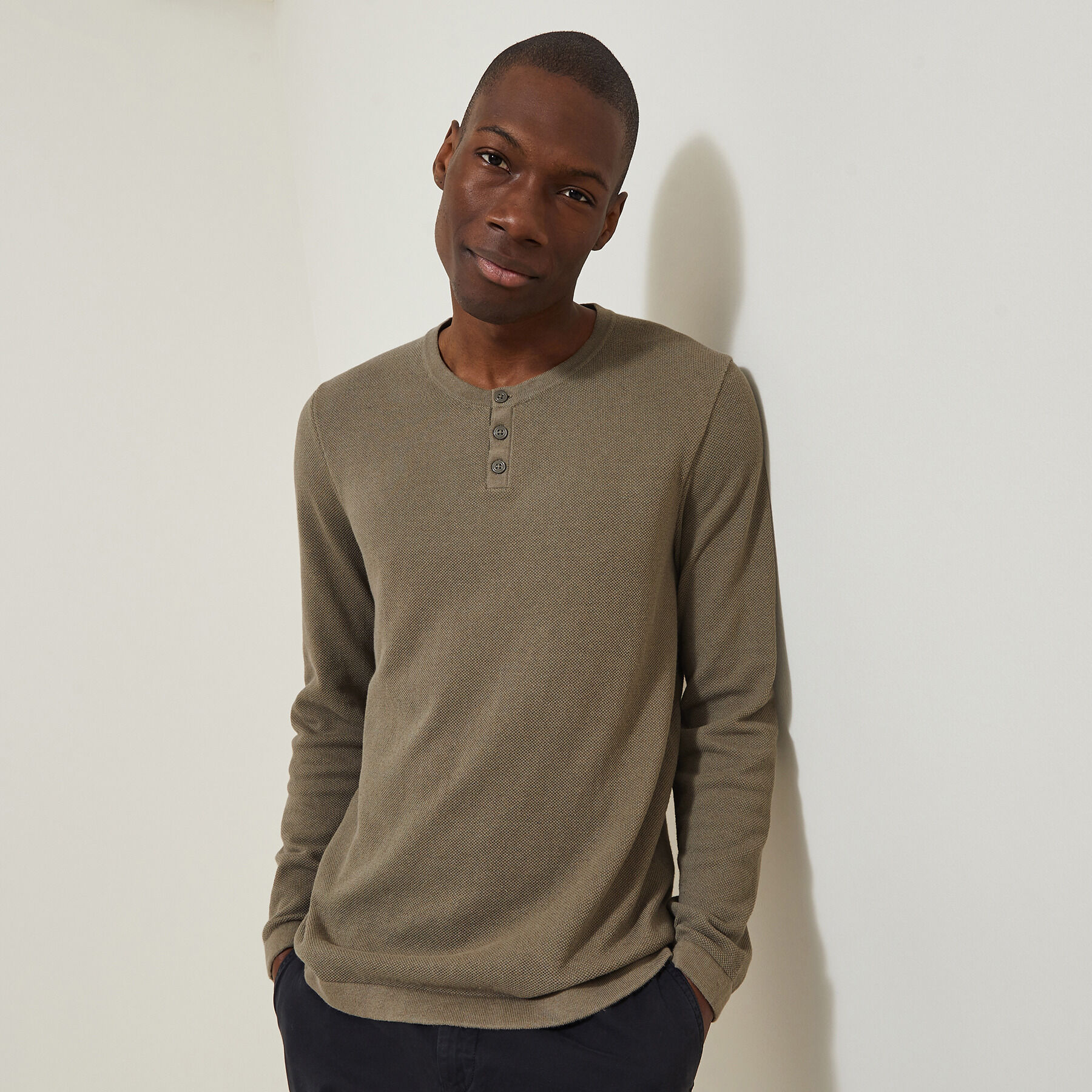 Pull col henley Vert kaki Jules