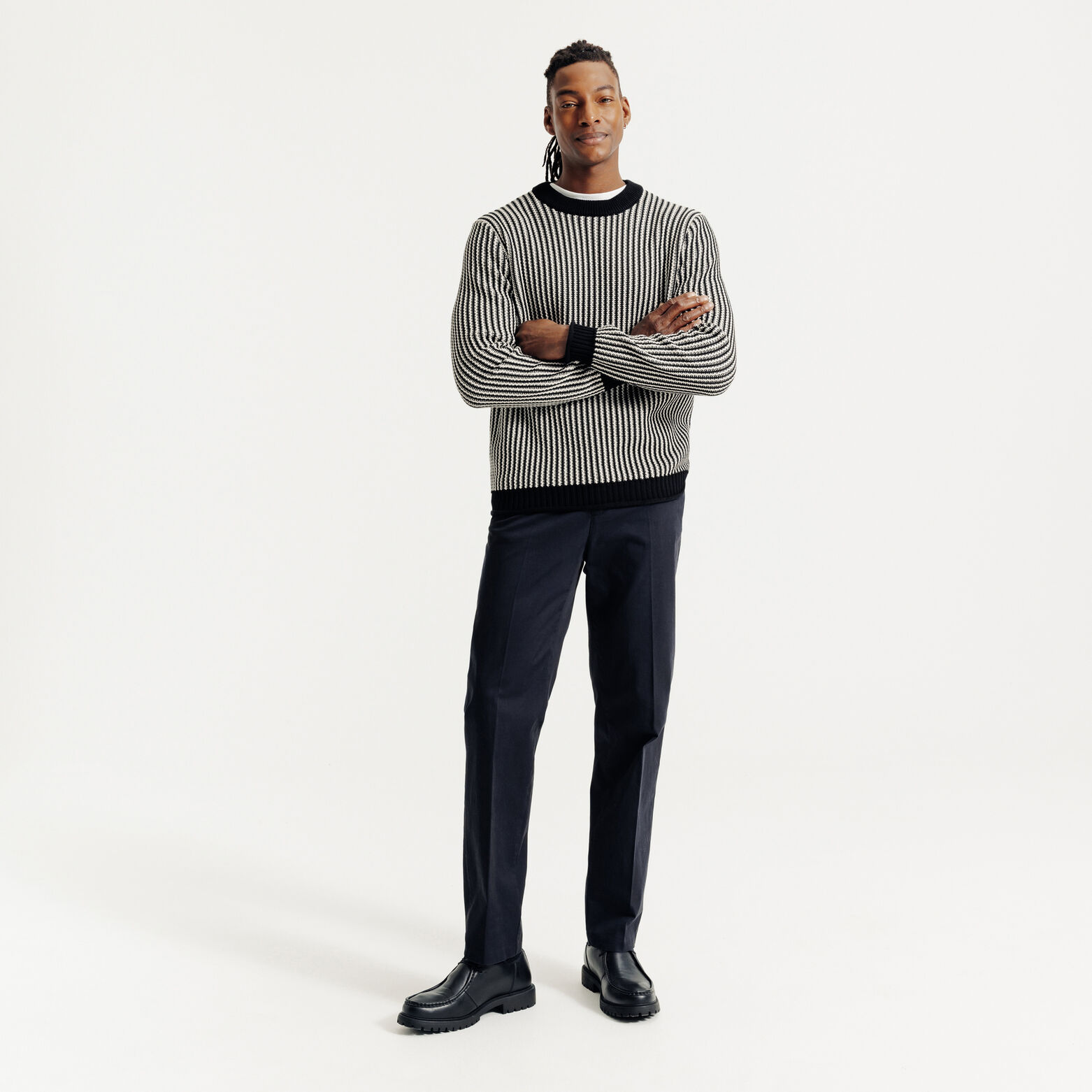 Pull col rond jacquard ray&eacute;