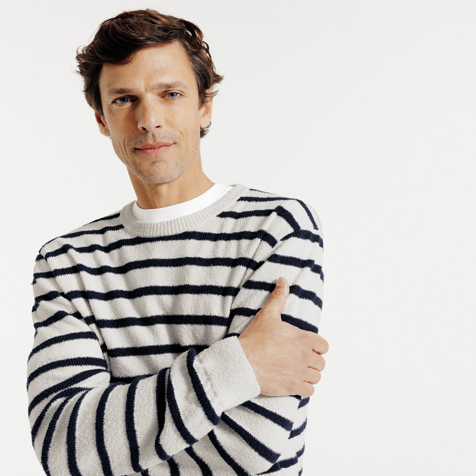 Gestreepte bouclé trui ronde hals