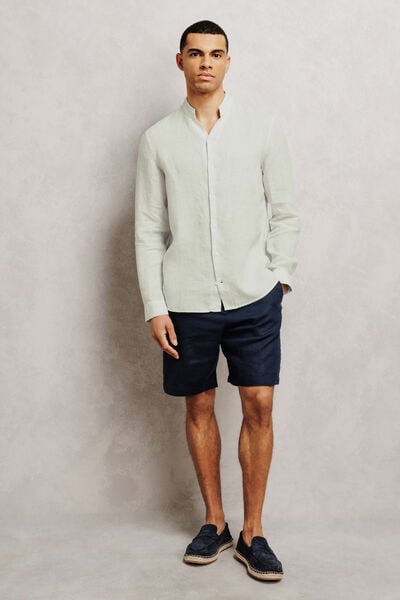 Chemise regular en lin ray&eacute;e col mao