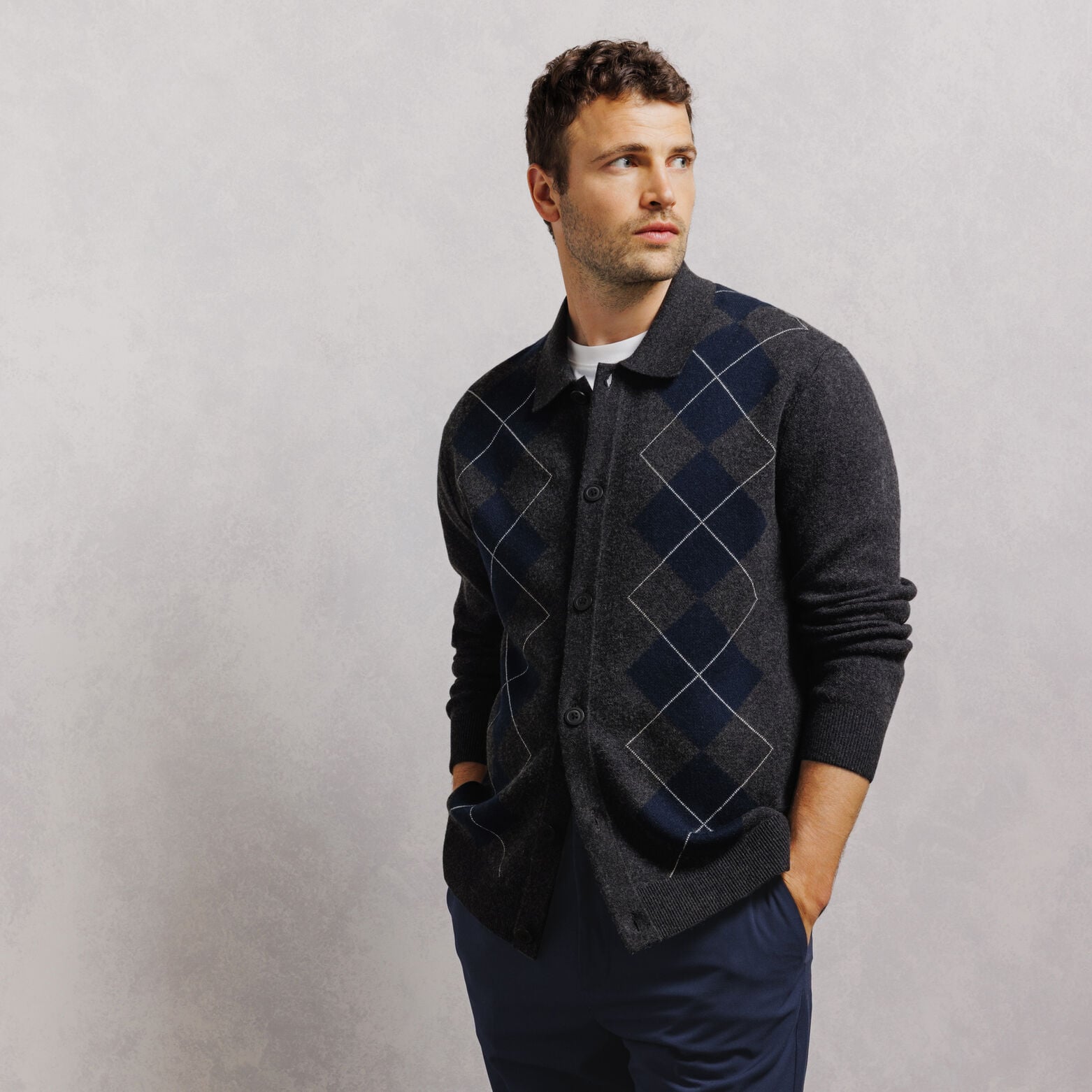 Cardigan col polo jacquard carreaux argyle