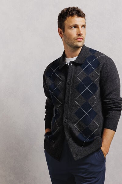 Cardigan col polo jacquard carreaux argyle