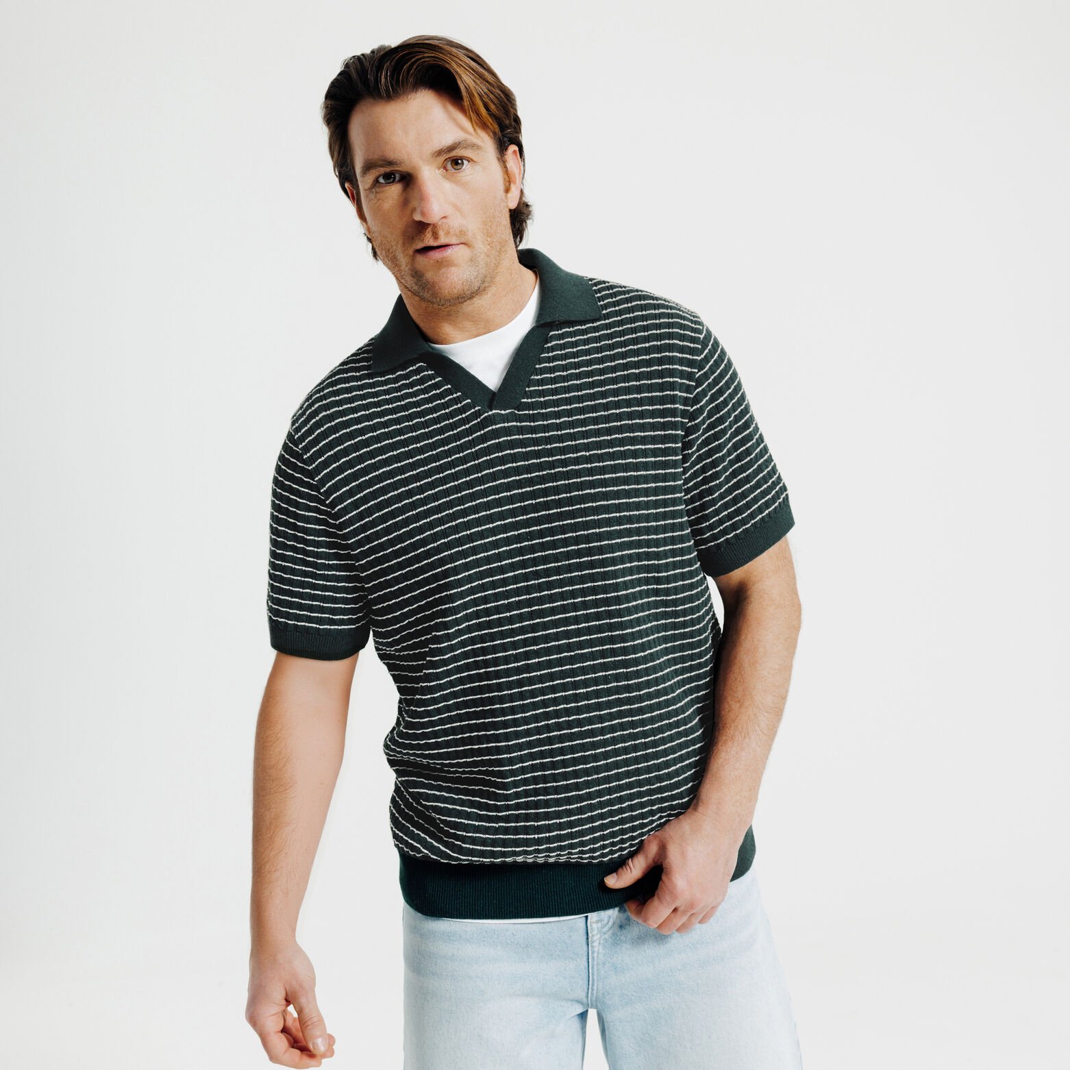 Pull manches courtes col polo resort ray&eacute; relief&eacute;