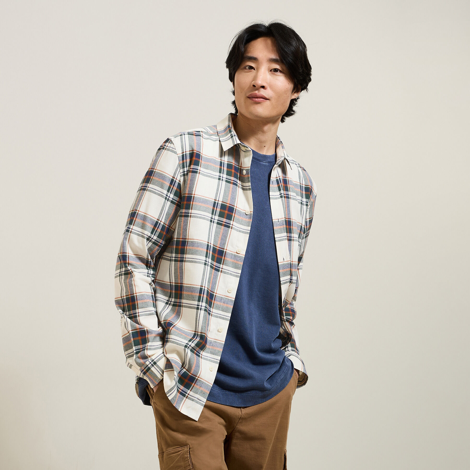 Chemise en coton flanelle a carreaux Blanc Jules