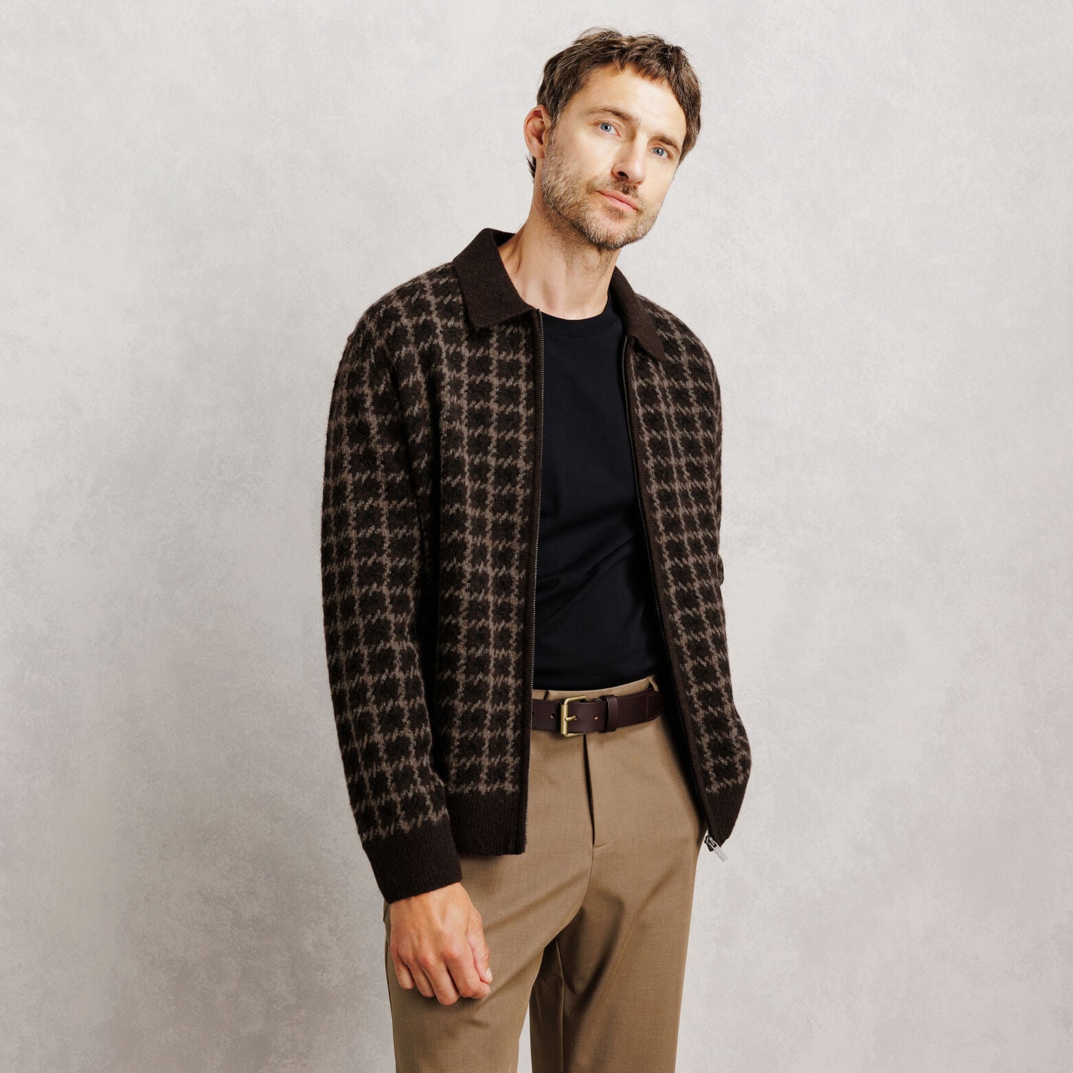 Gilet zipp&eacute; col chemise pied de poule