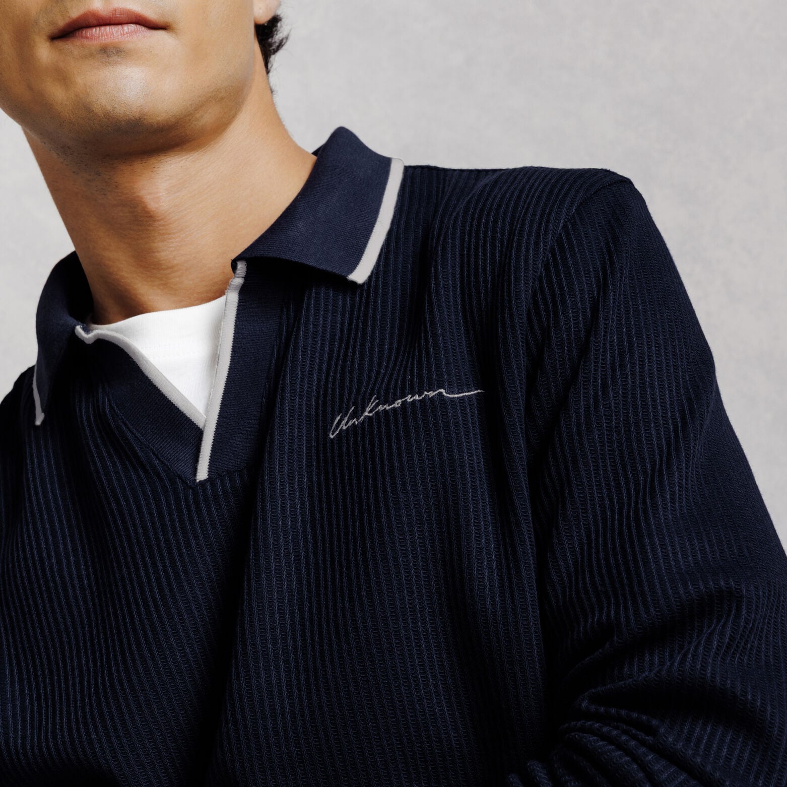 Polo manches longues col resort jacquard contrast&eacute;