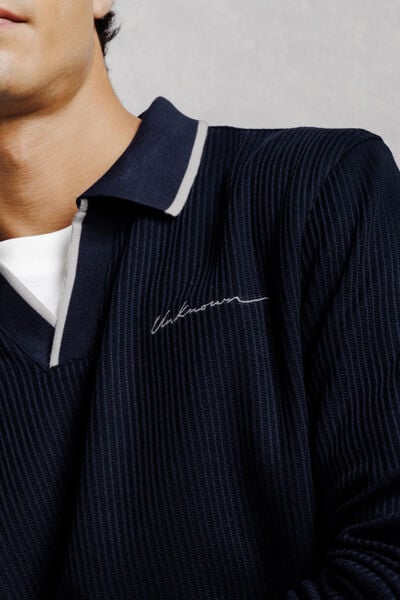 Polo manches longues col resort jacquard contrast&eacute;