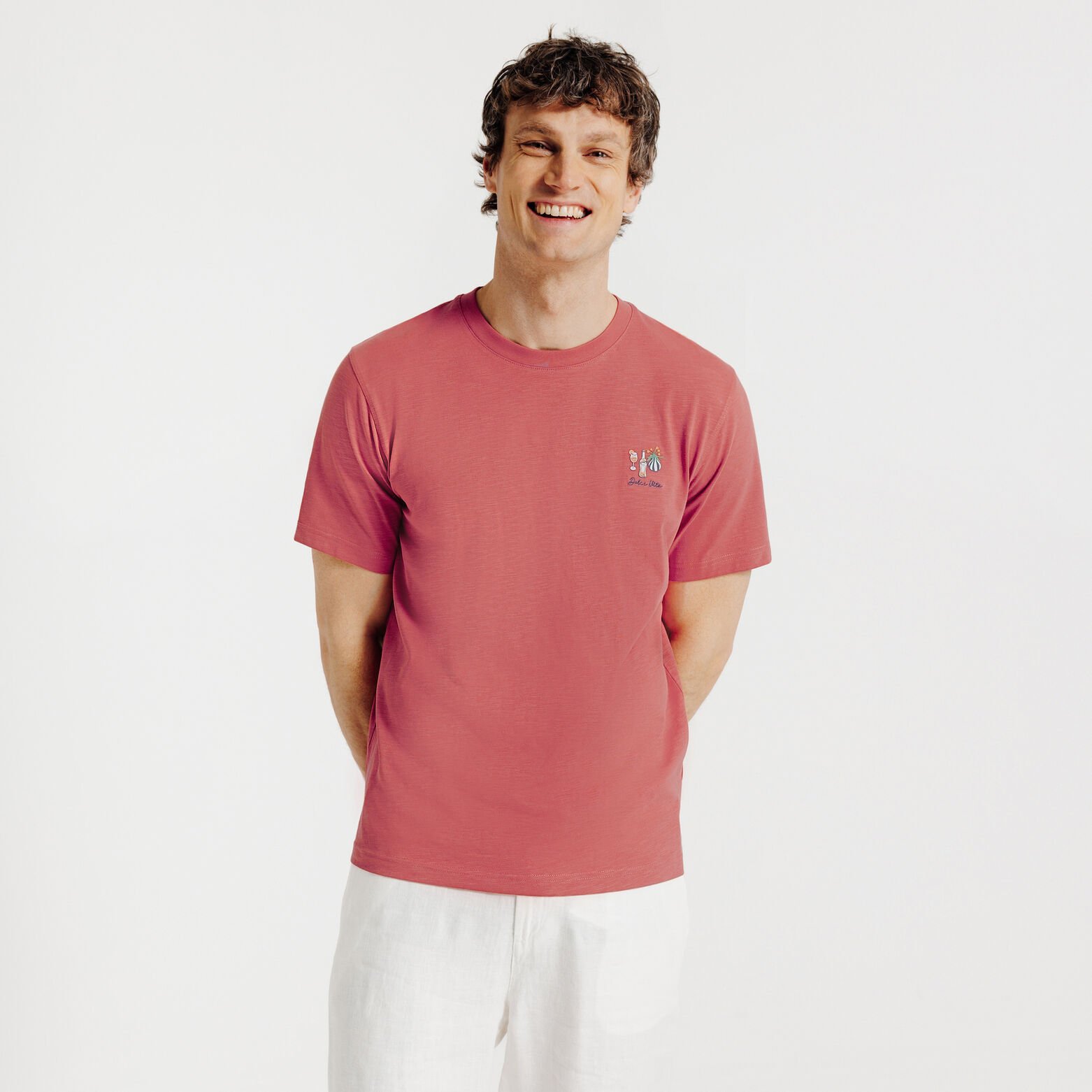 T-shirt in gevlamde stof met borduursel op de bors