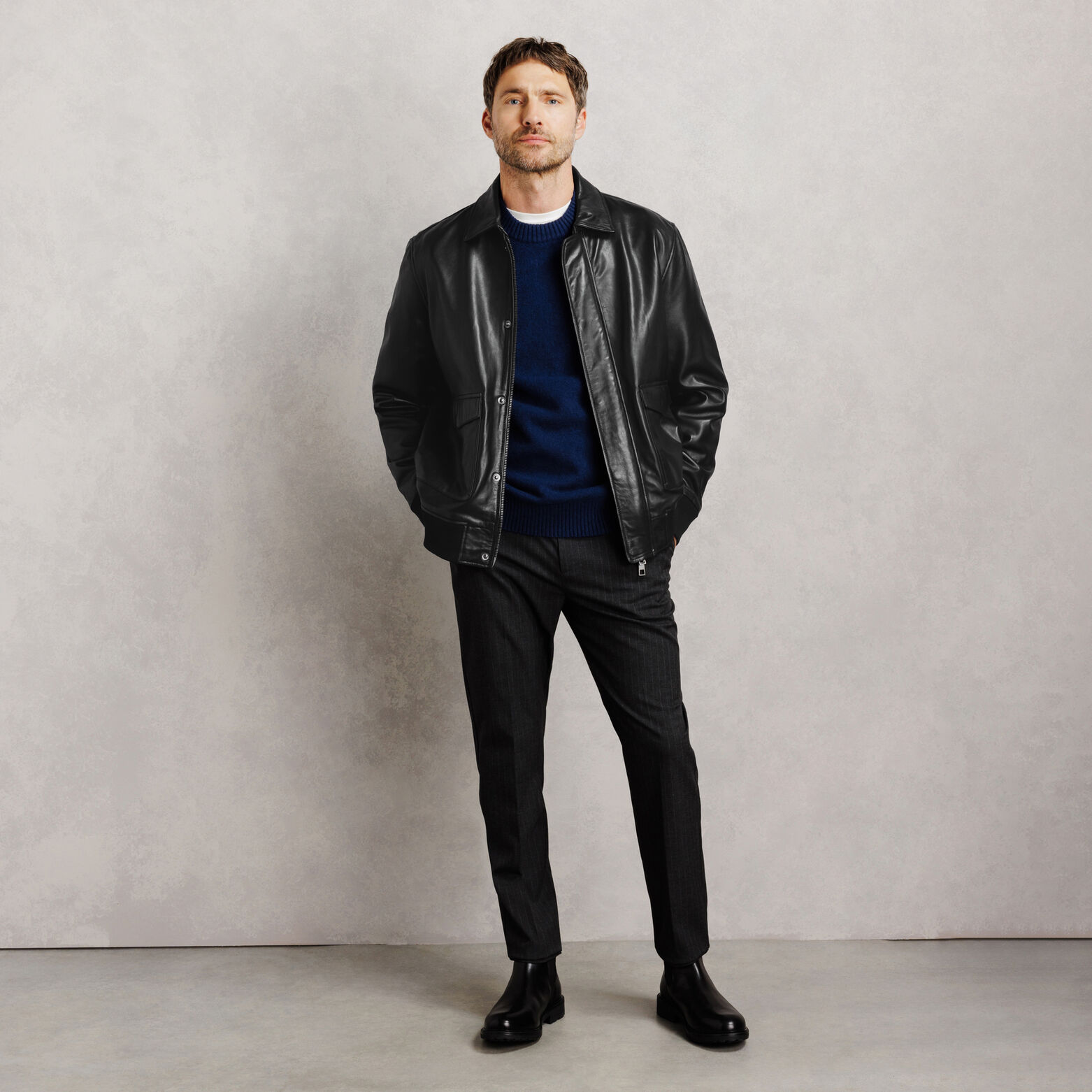 Blouson 100% leer met hemdkraag