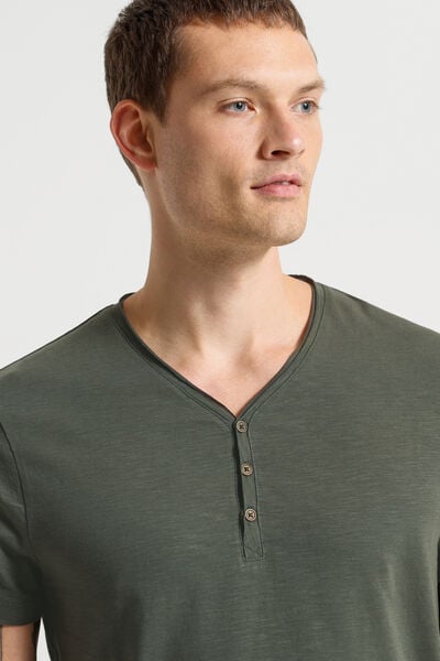 Tee shirt col tunisien mati&egrave;re flamm&eacute;e