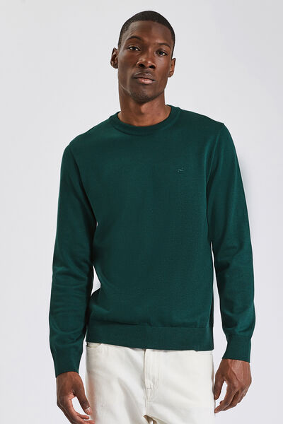 Pull col rond basic brodé tricoté au Maroc Vert