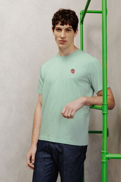 T-shirt in gevlamde stof met borduursel op de bors