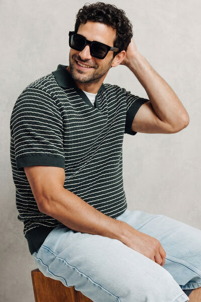 Trui korte mouwen en polokraag in gestreept 