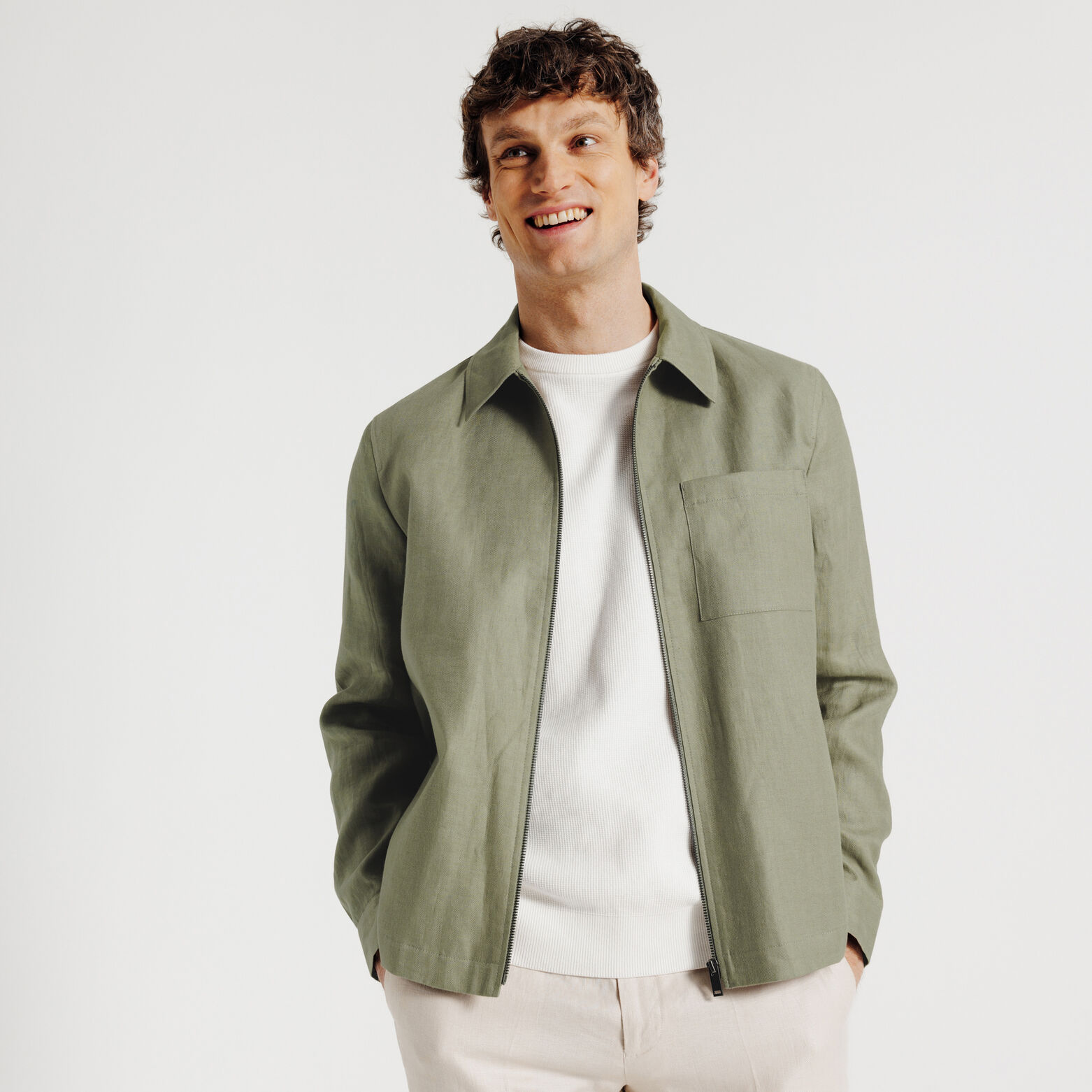 Vest visgraat met hemdskraag en rits, 100% linnen