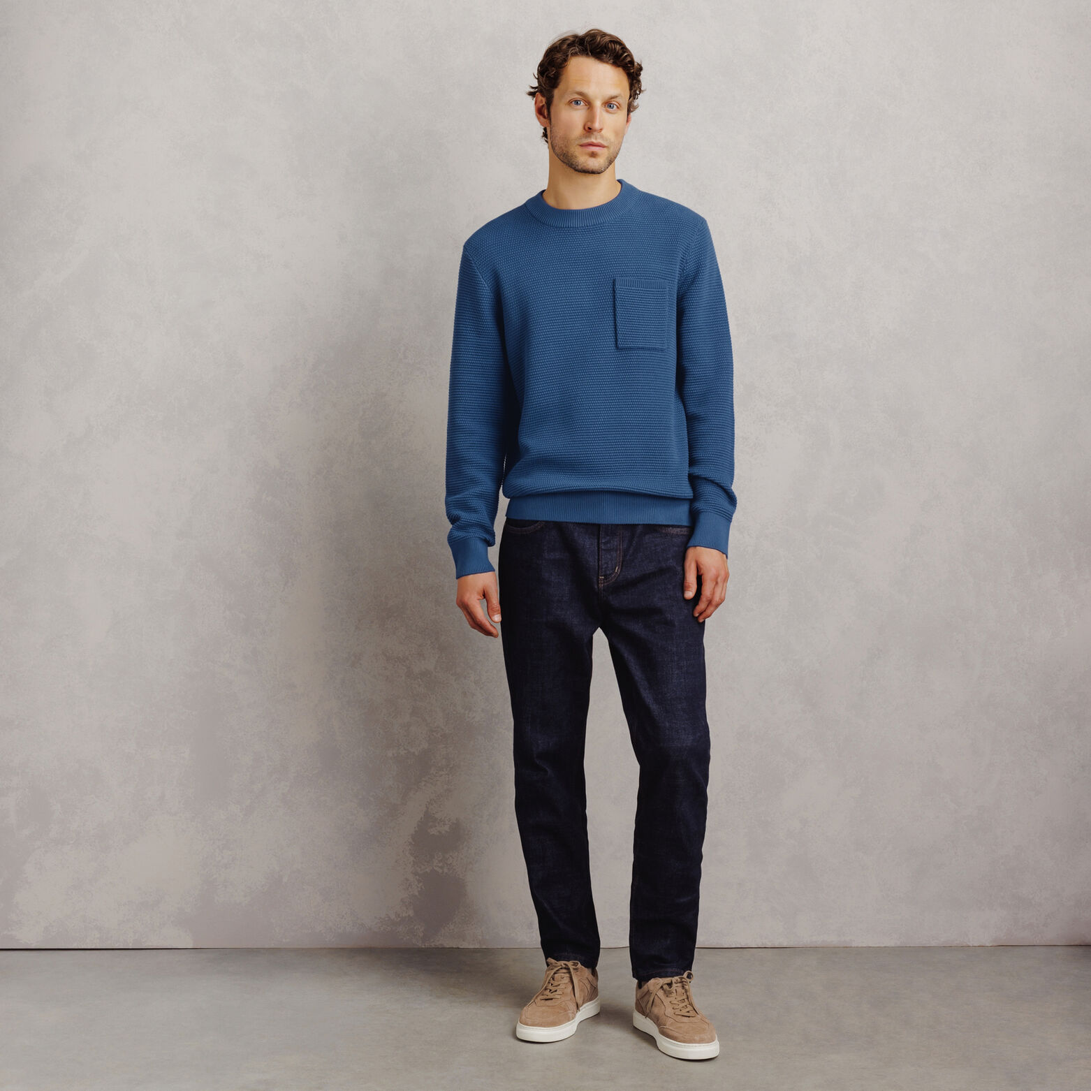 Pull col rond point de riz poche poitrine