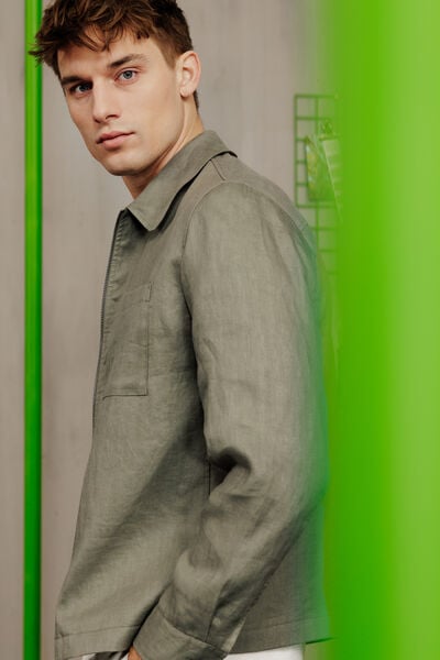 Veste col chemise zipp&eacute;e chevron 100% lin