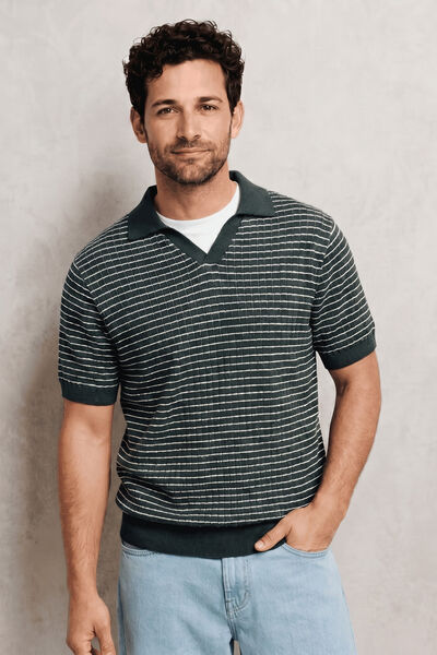 Polo en maille col resort ray&eacute; relief&eacute;