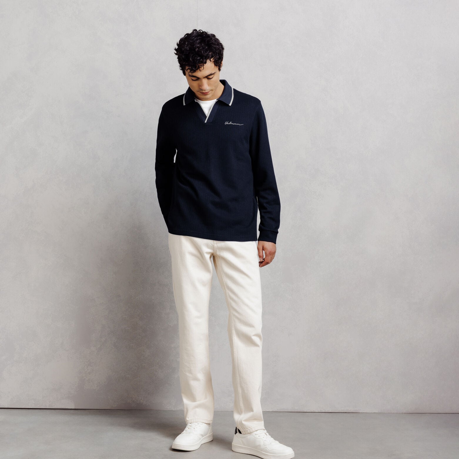Polo manches longues col resort jacquard contrast&eacute;