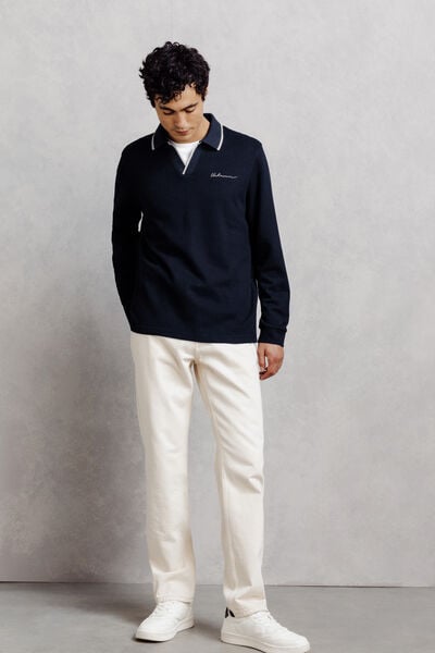 Polo manches longues col resort jacquard contrast&eacute;