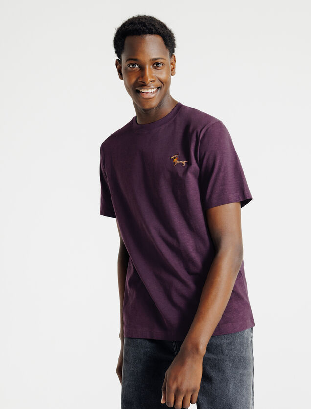 T-shirt in gevlamde stof met borduursel op de bors