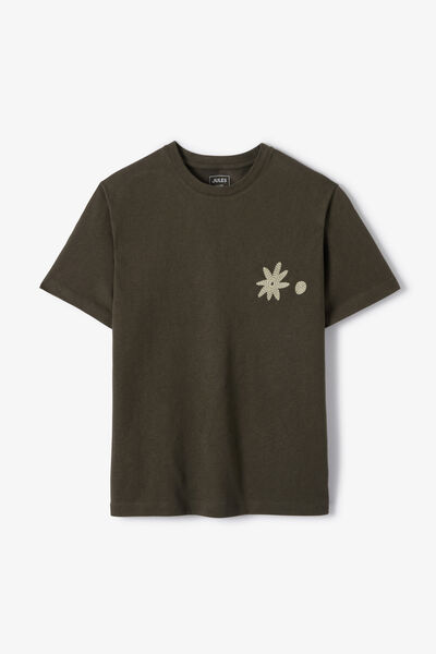 Tee shirt col rond brod&eacute; fleur poitrine