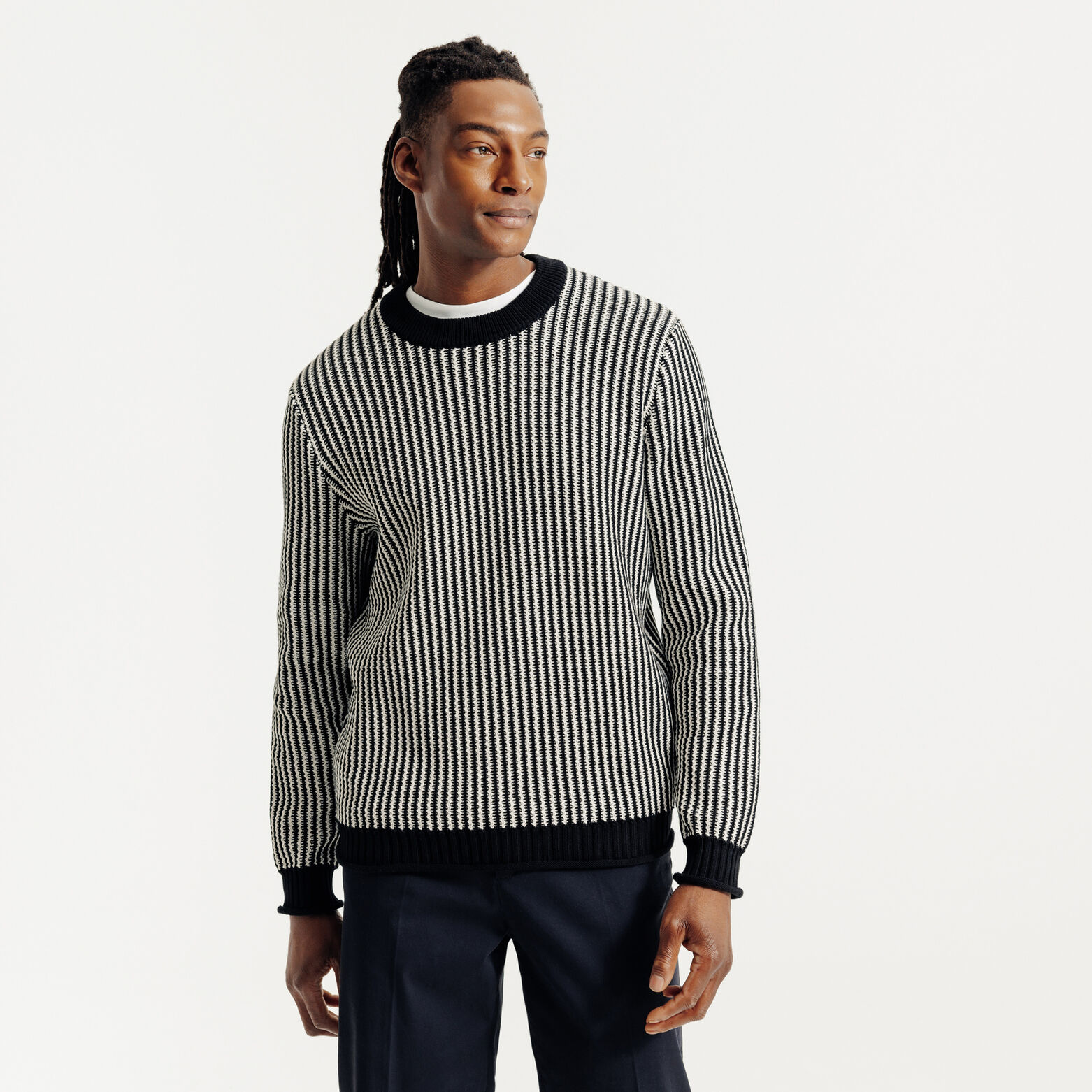 Pull col rond jacquard ray&eacute;