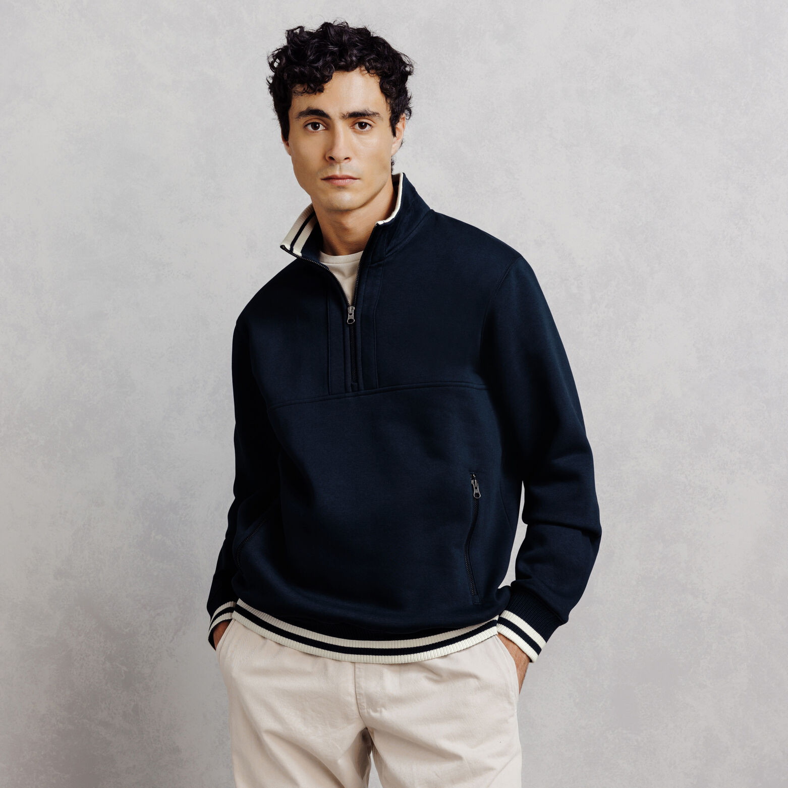 Sweater met rits, opstaande kraag, contrastboord