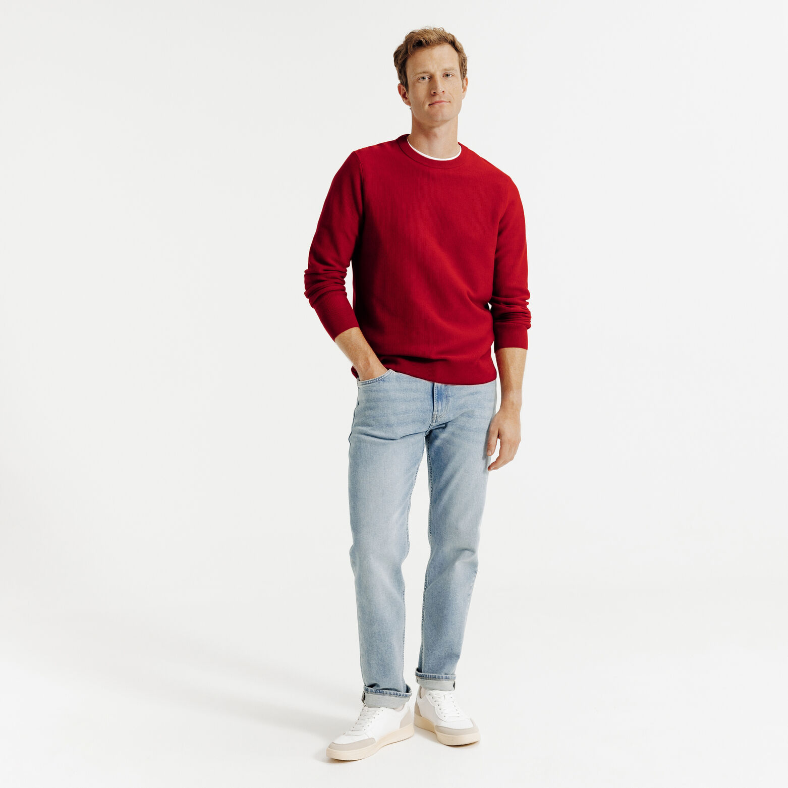 Pull col rond jeux de points fantaisie