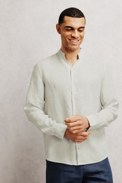 Chemise regular en lin ray&eacute;e col mao