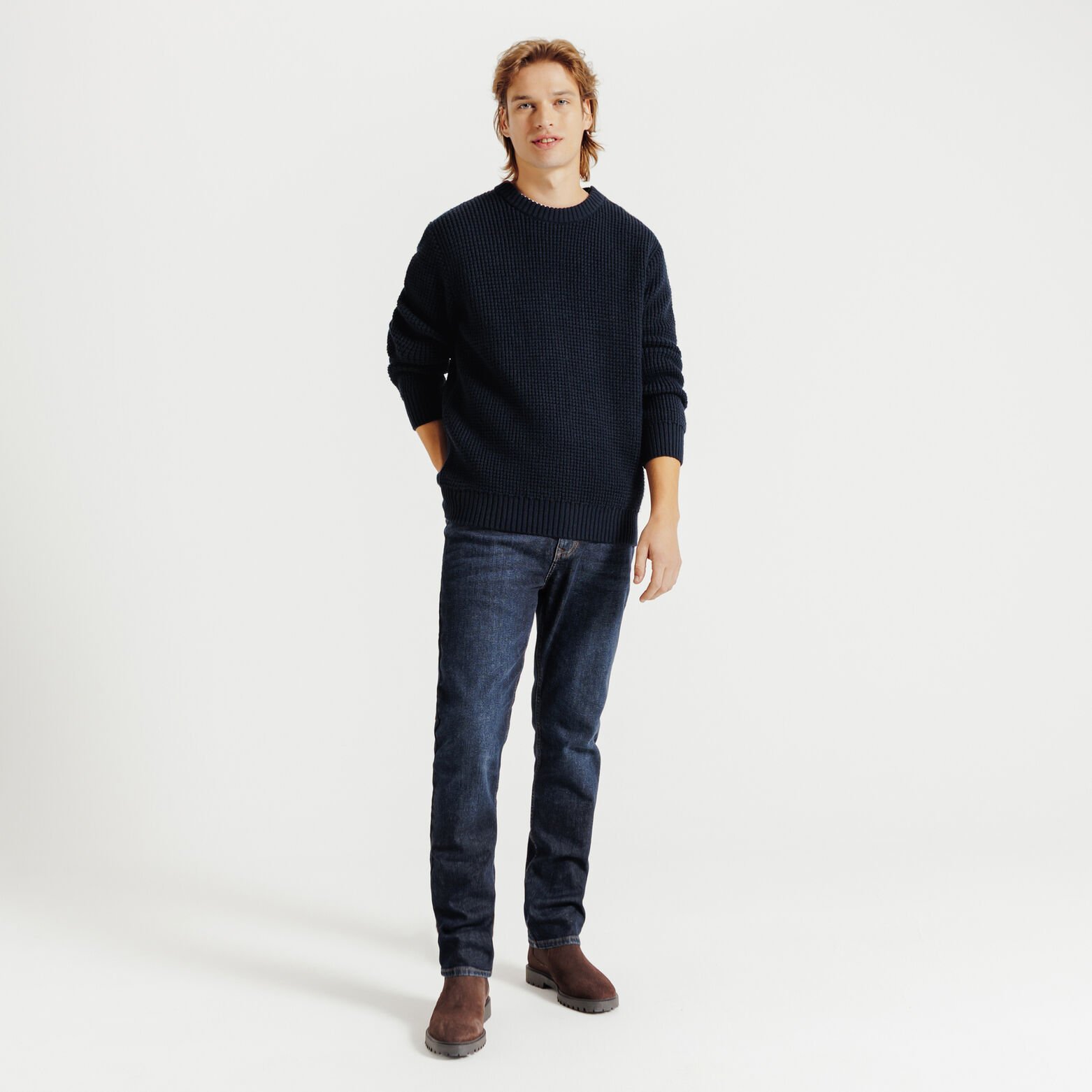 Pull col rond boutonné gaufré