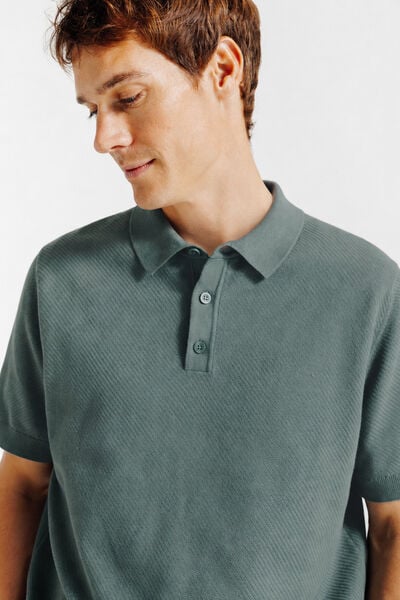 Polo met knoopkraag in tricot met fantasie stekenp