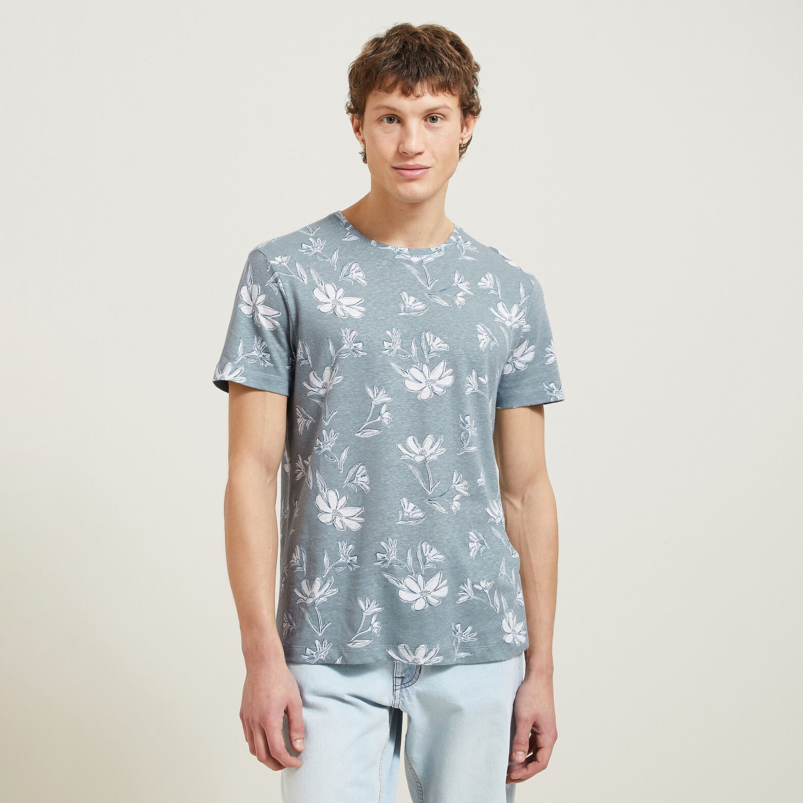 T-shirt met bloemenprint in katoen/linnen