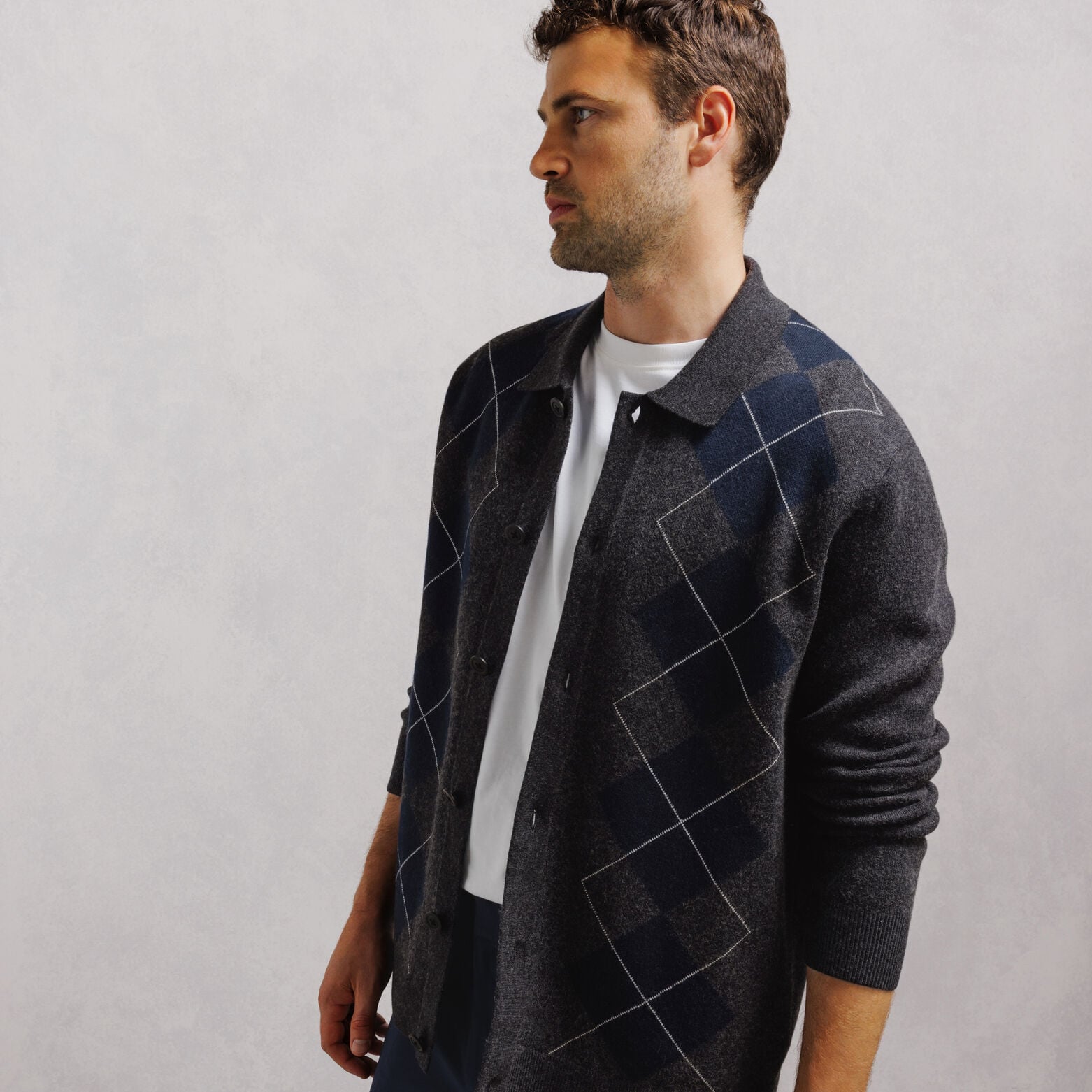 Cardigan col polo jacquard carreaux argyle