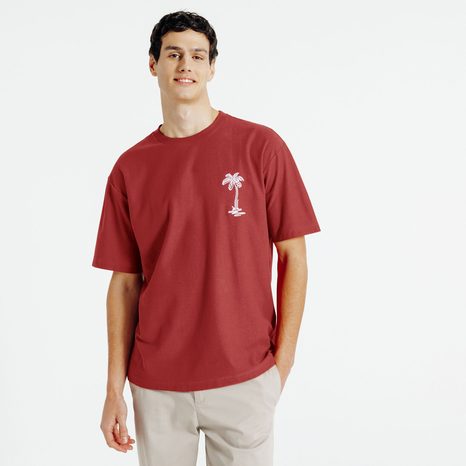 T-shirt in fantasiestof, borduursel voor- en achte