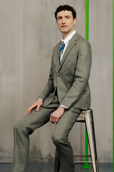 Costume 2 pi&egrave;ces confort motif chevron confort 100% lin - Kaki