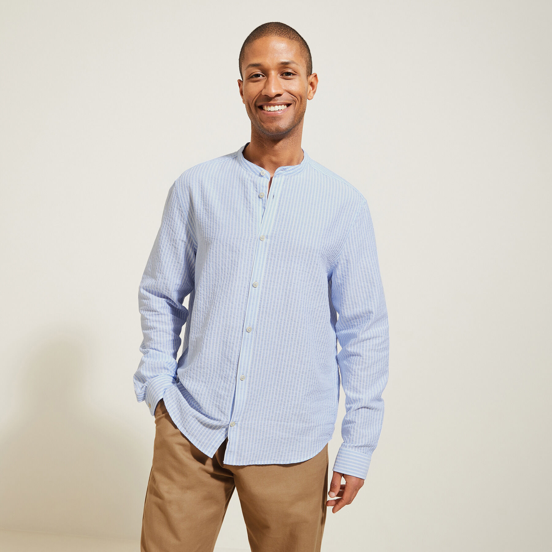 Chemise regular a rayures seersucker en coton Bleu clair Jules