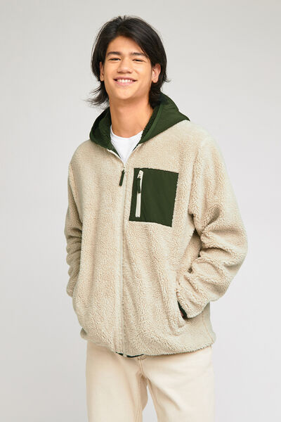 Sweater met kleurrijke kap, schapenvacht details