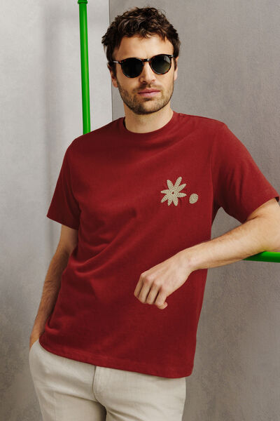 Tee shirt col rond brod&eacute; fleur poitrine
