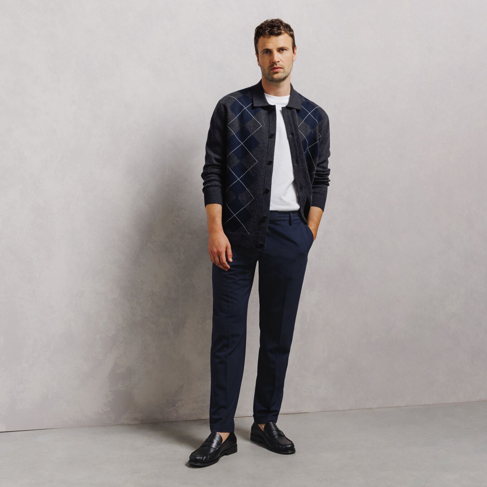 Cardigan col polo jacquard carreaux argyle