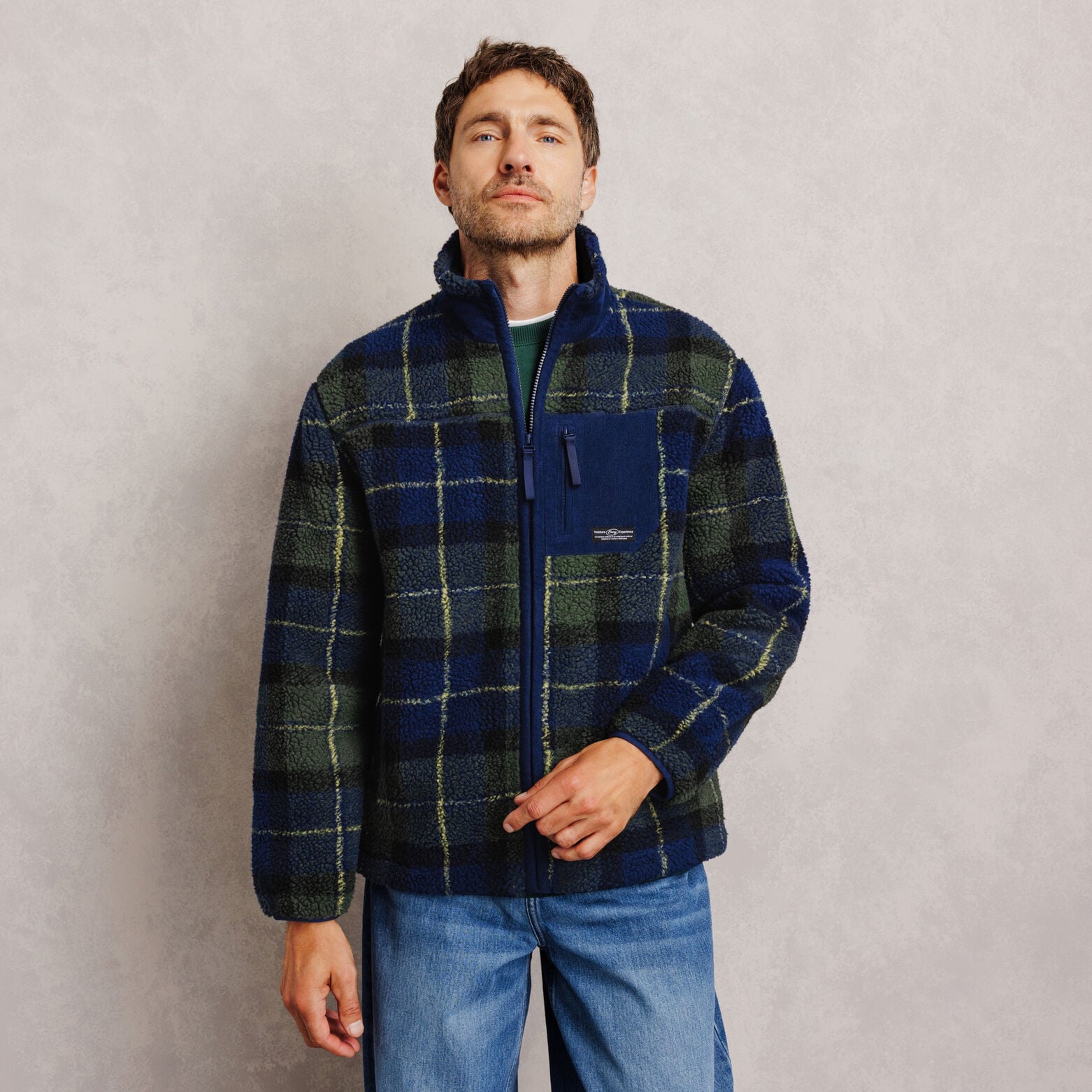 Sweat col montant zipp&eacute; en sherpa imprim&eacute;e