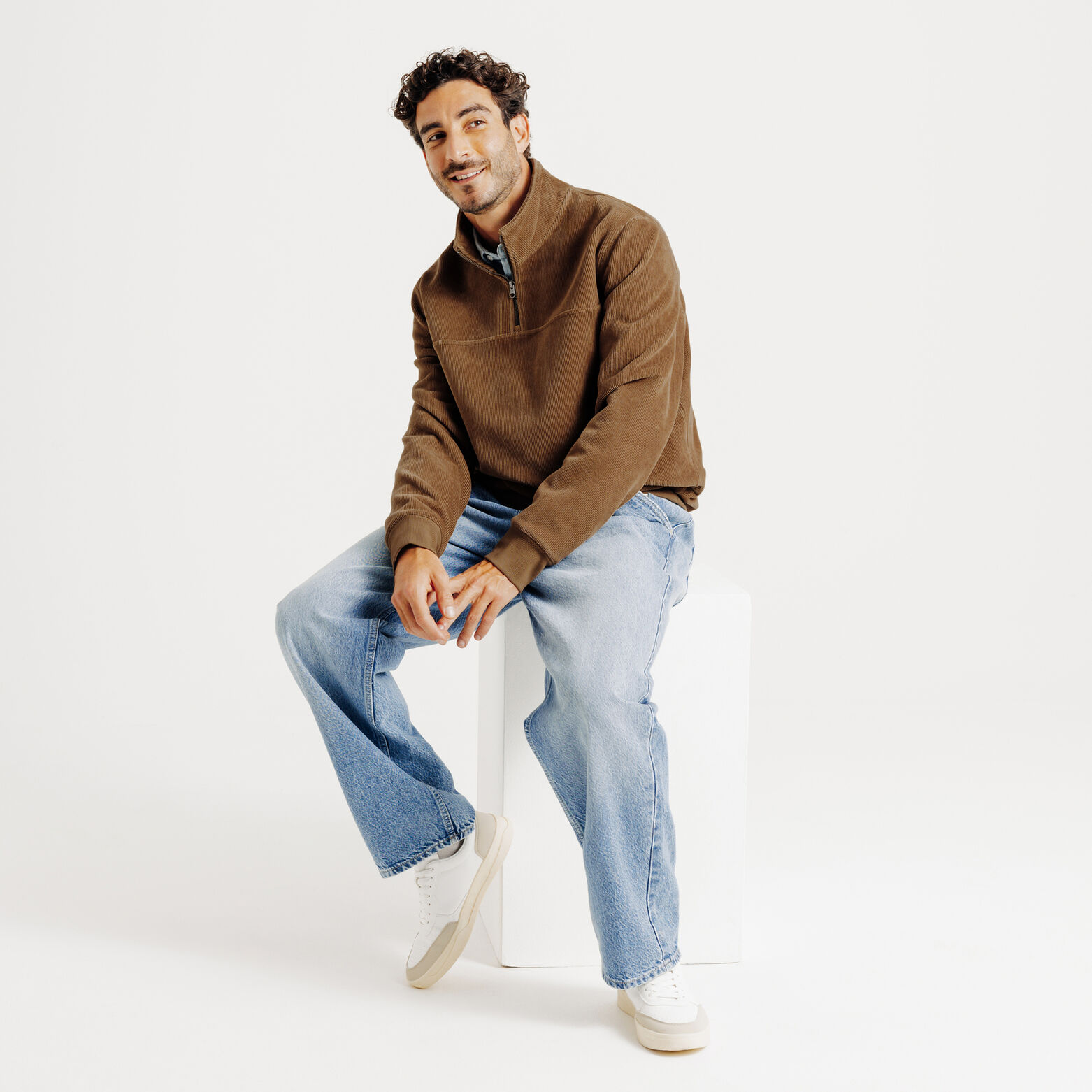 Sweat Sans Capuche Homme Velours Côtelé à Col Montant Zippé Manche