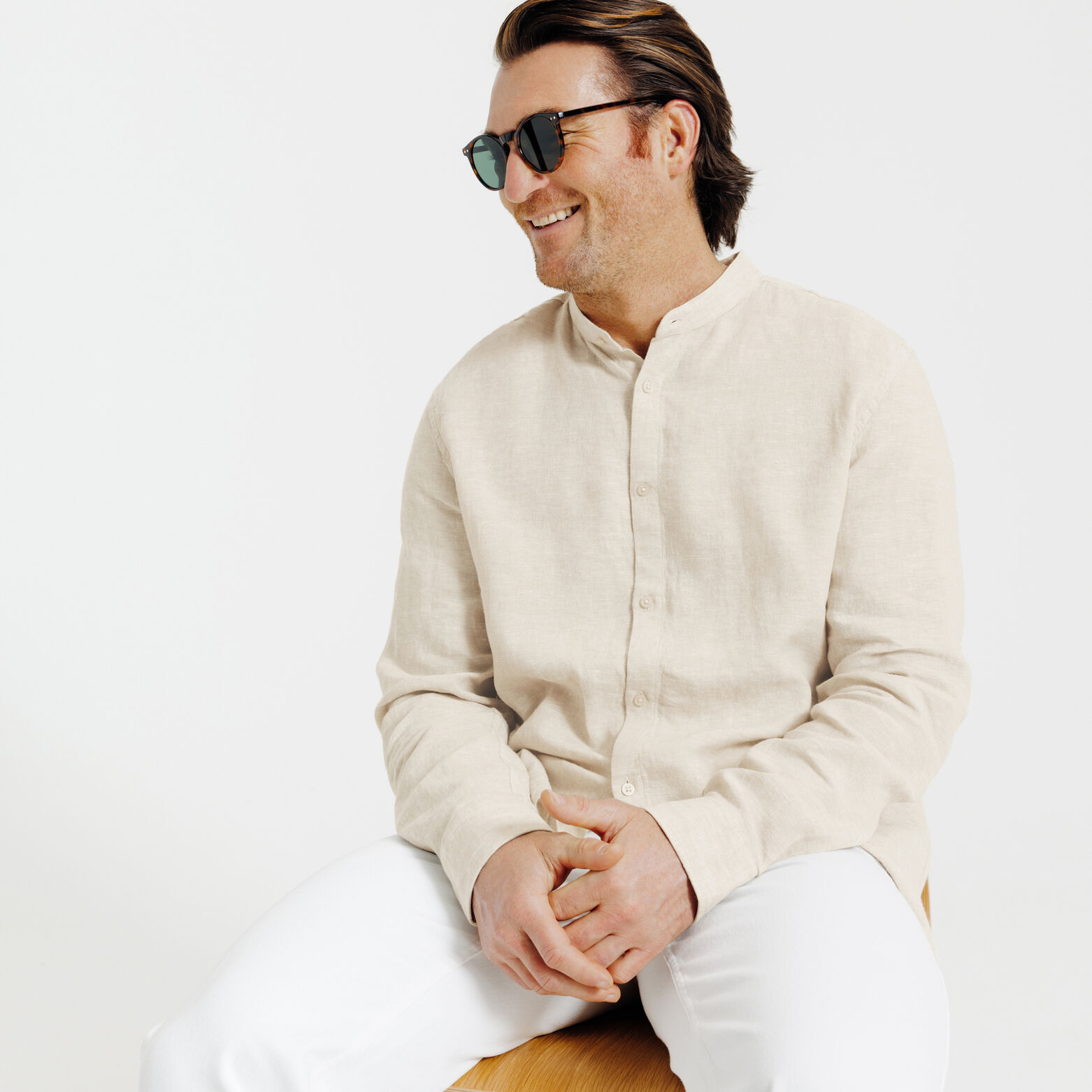 Chemise col mao en lin unie